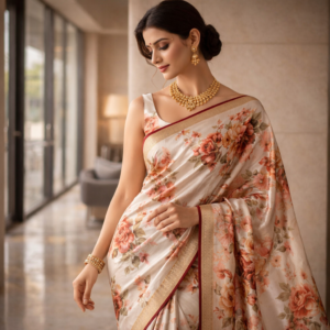Floral pink printed saree