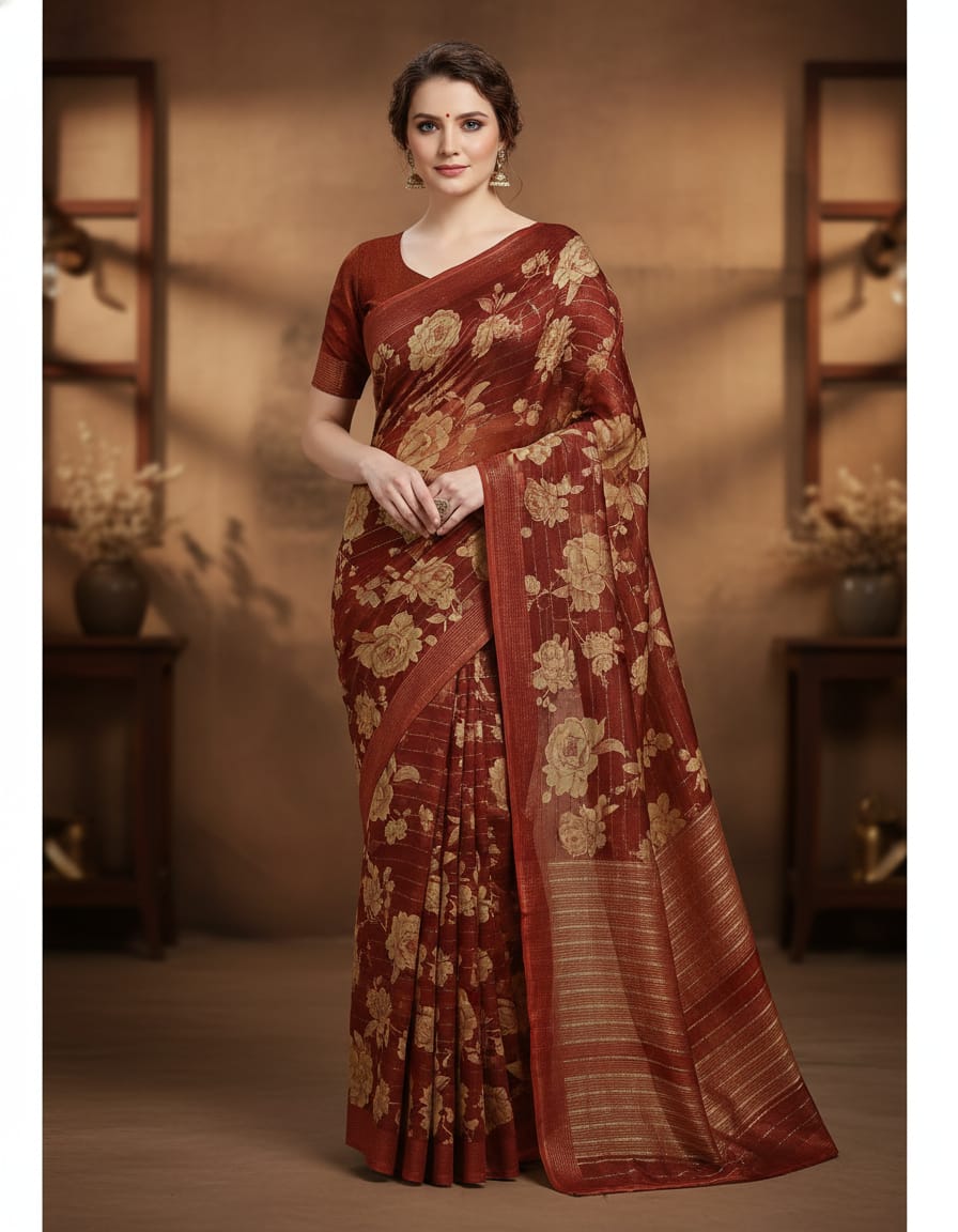 Rust Red Floral Elegance Linen Saree - Image 2